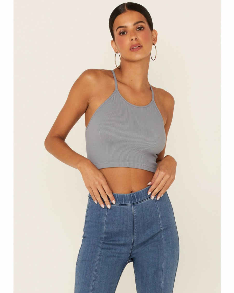 Shirt * | Free People Women'S Stormy Sea Ribbed Racerback Cropped Tank Top Blue