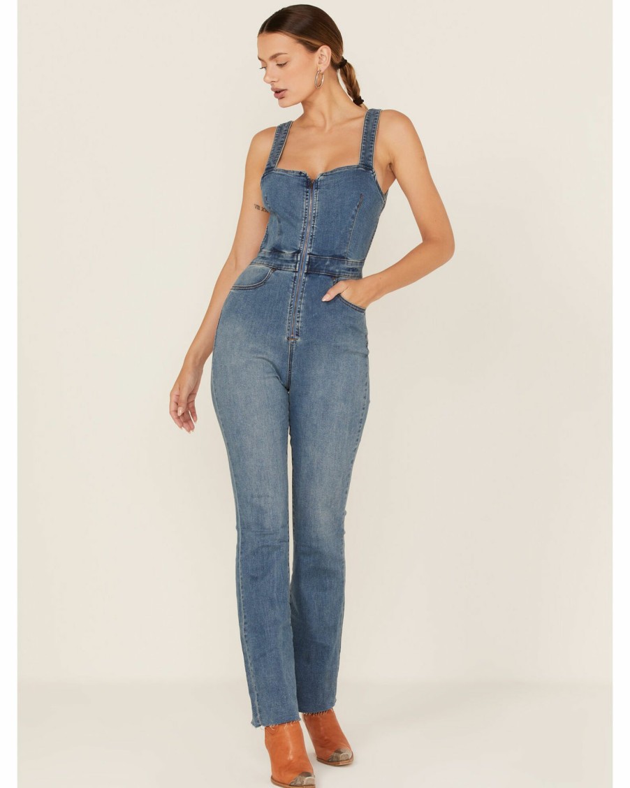 Dress * | Free People Women'S Curvy 2Nd Ave Sleeveless Open Back Denim Jumpsuit Blue