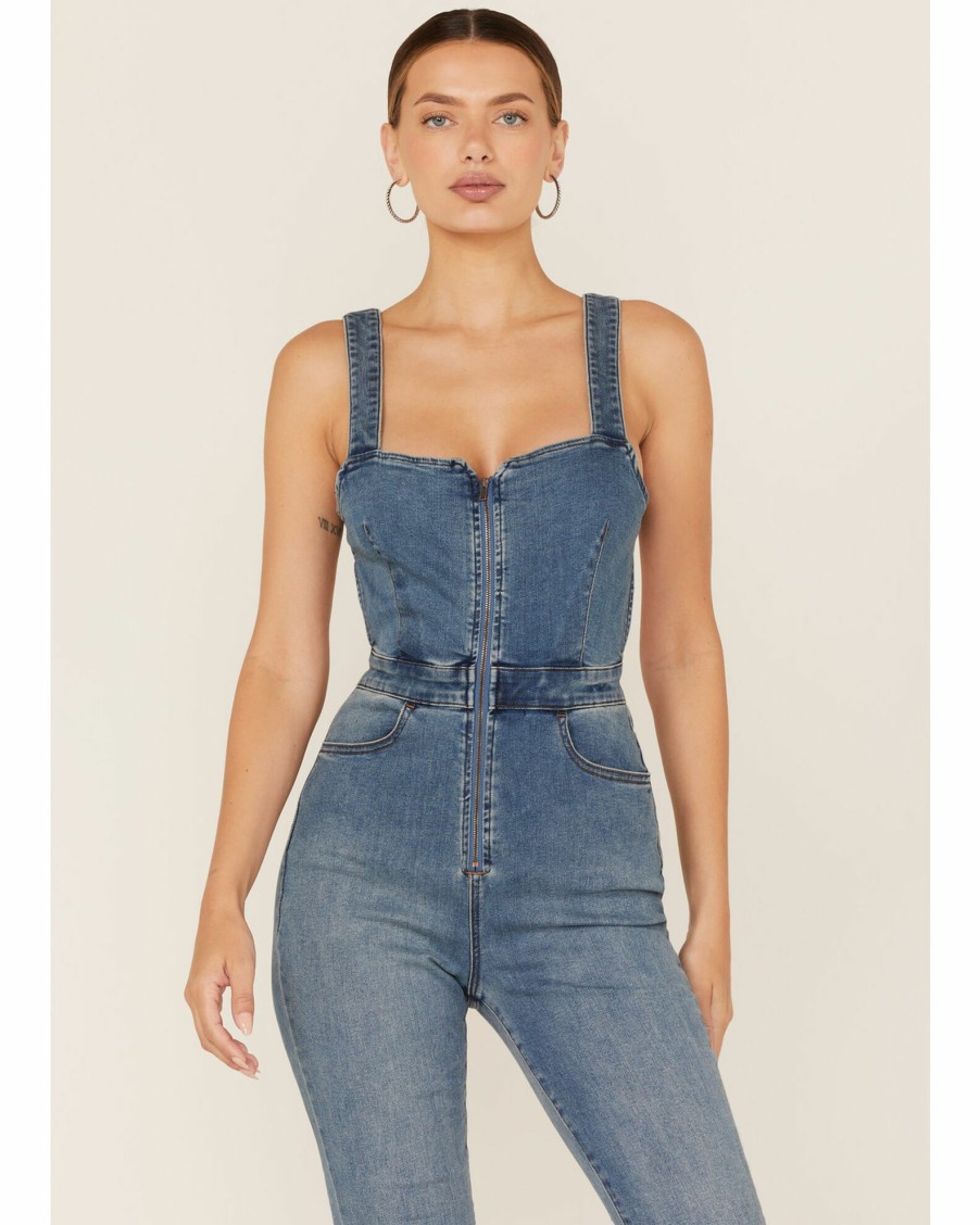 Dress * | Free People Women'S Curvy 2Nd Ave Sleeveless Open Back Denim Jumpsuit Blue