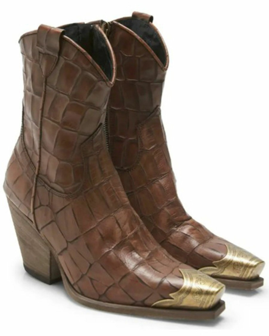 Boot * | Free People Women'S Brayden Croc Brown Leather Fashion Western Booties Snip Toe