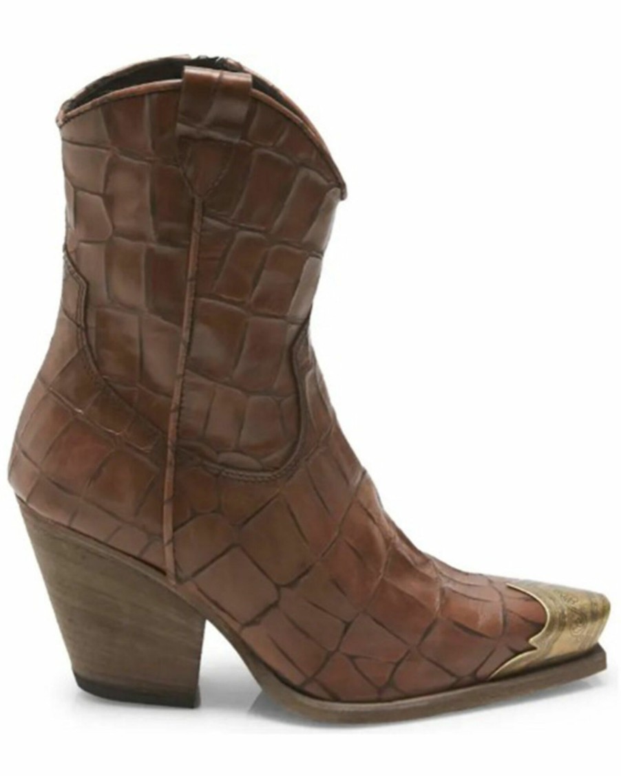 Boot * | Free People Women'S Brayden Croc Brown Leather Fashion Western Booties Snip Toe