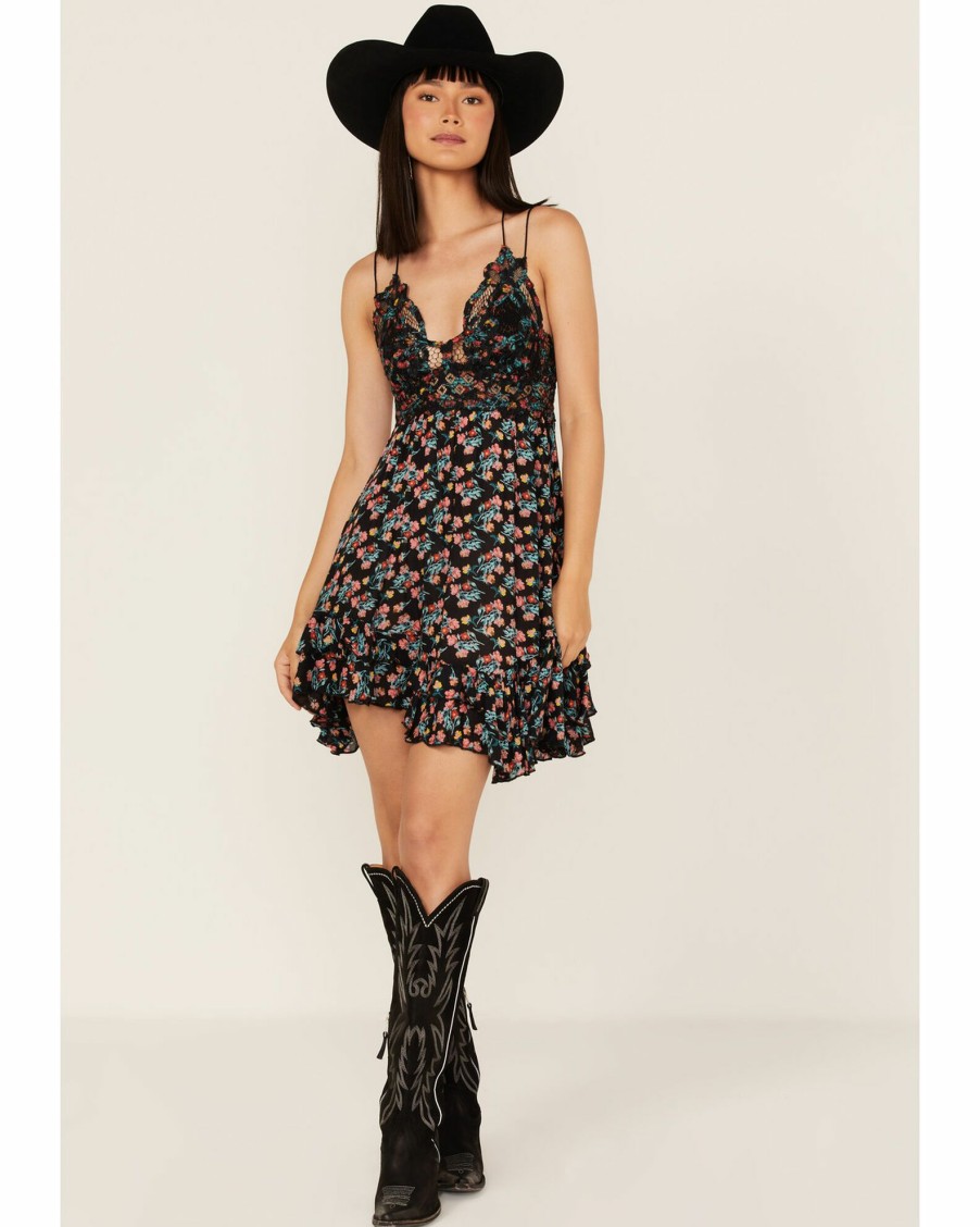 Dress * | Free People Women'S Adella Floral Print Sleeveless Slip Dress Black