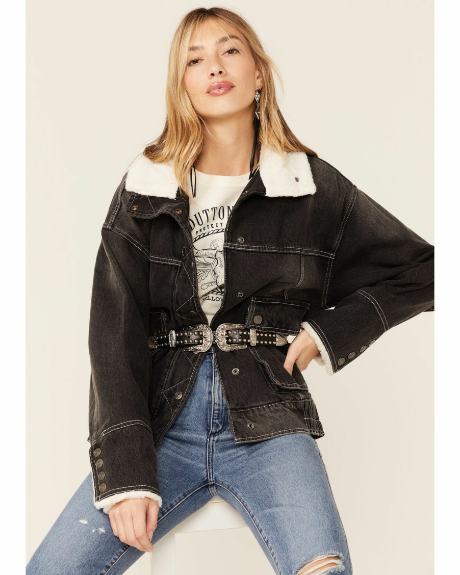 Jacket * | Free People Women'S Ariel Cozy Denim Bomber Jacket Washed Black