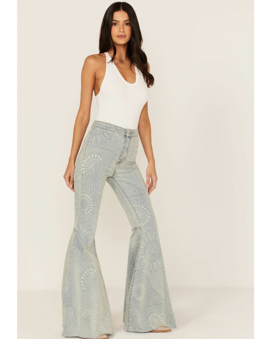 Jean * | Free People Women'S High-Rise Geo Print Just Float On Flare Jeans Light Wash