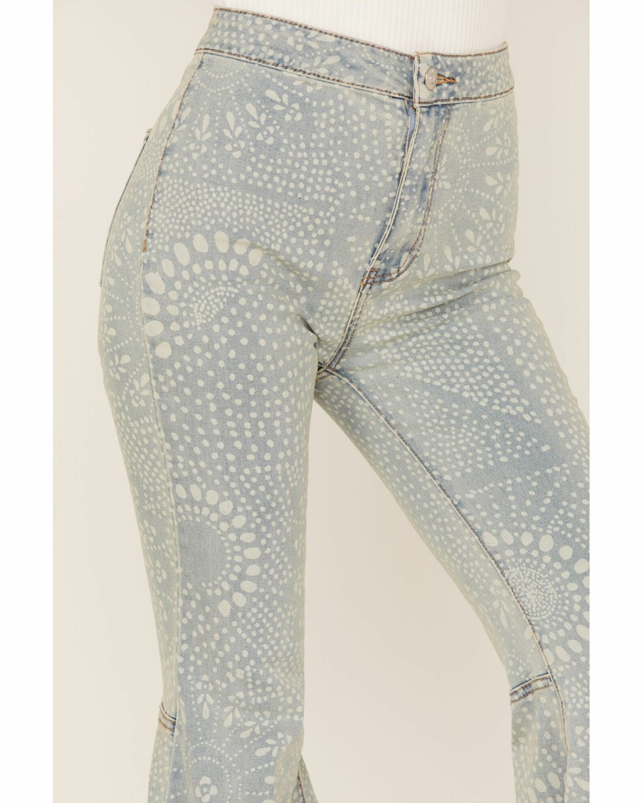 Jean * | Free People Women'S High-Rise Geo Print Just Float On Flare Jeans Light Wash