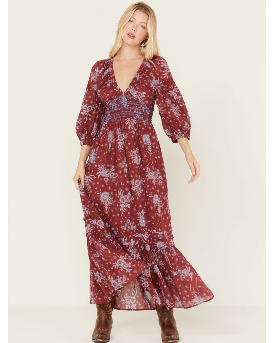 Dress * | Free People Women'S Golden Hour Floral Print Maxi Dress Wine