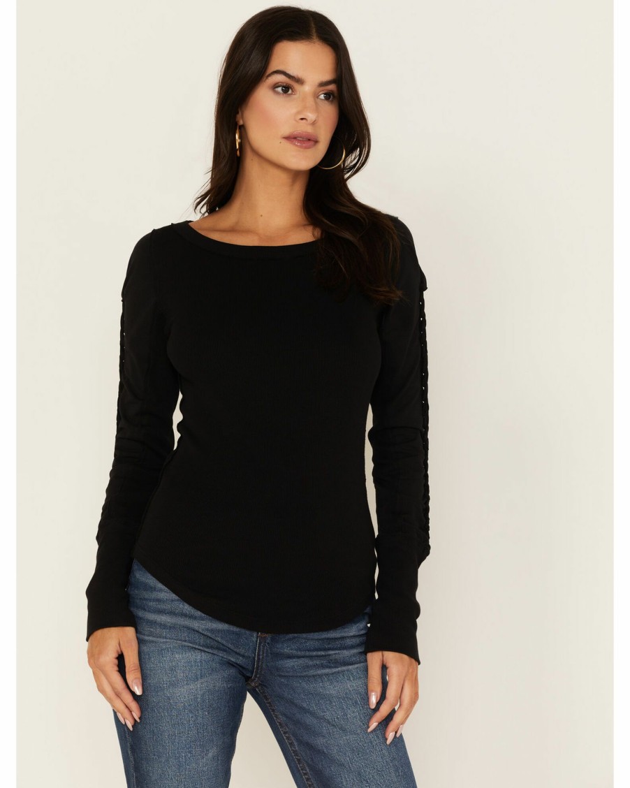 Shirt * | Free People Women'S Daisy Chain Cuff Knit Long Sleeve Top Black