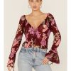 Shirt * | Free People Women'S Floral Print Of Paradise Tie Front Crop Top Red