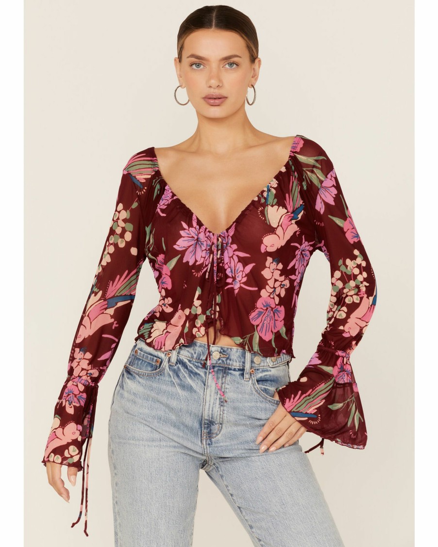 Shirt * | Free People Women'S Floral Print Of Paradise Tie Front Crop Top Red