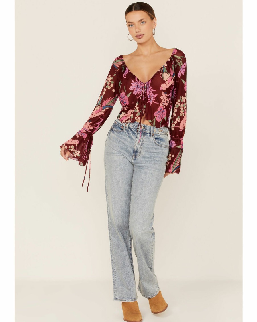 Shirt * | Free People Women'S Floral Print Of Paradise Tie Front Crop Top Red