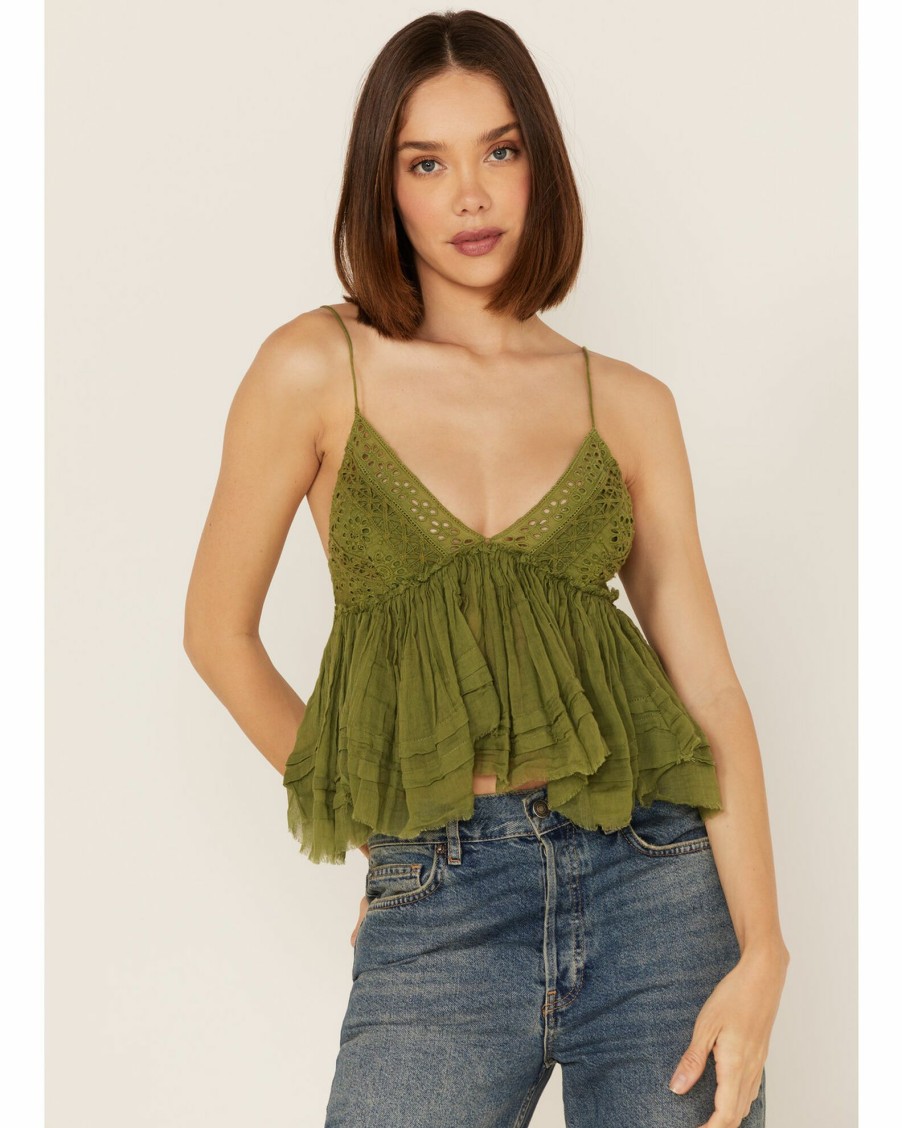 Shirt * | Free People Women'S Carrie Babydoll Cropped Cami Tank Top Olive