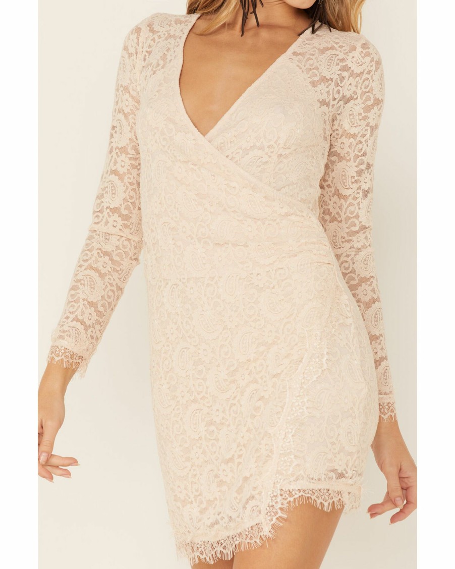 Dress * | Free People Women'S Pearl Lace Long Sleeve Mini Dress Ivory