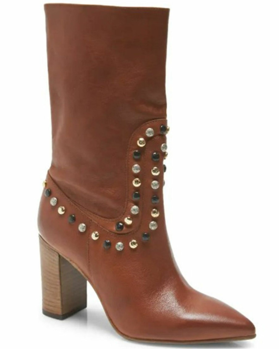 Boot * | Free People Women'S Dakota Heel Rum Brown Studded Leather Western Boots Snip Toe