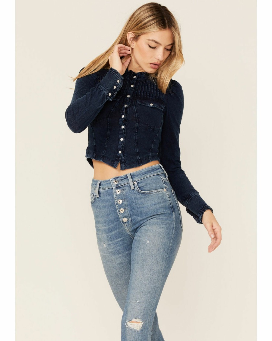 Shirt * | Free People Women'S Going Somewhere Denim Long Sleeve Snap Western Shirt Blue