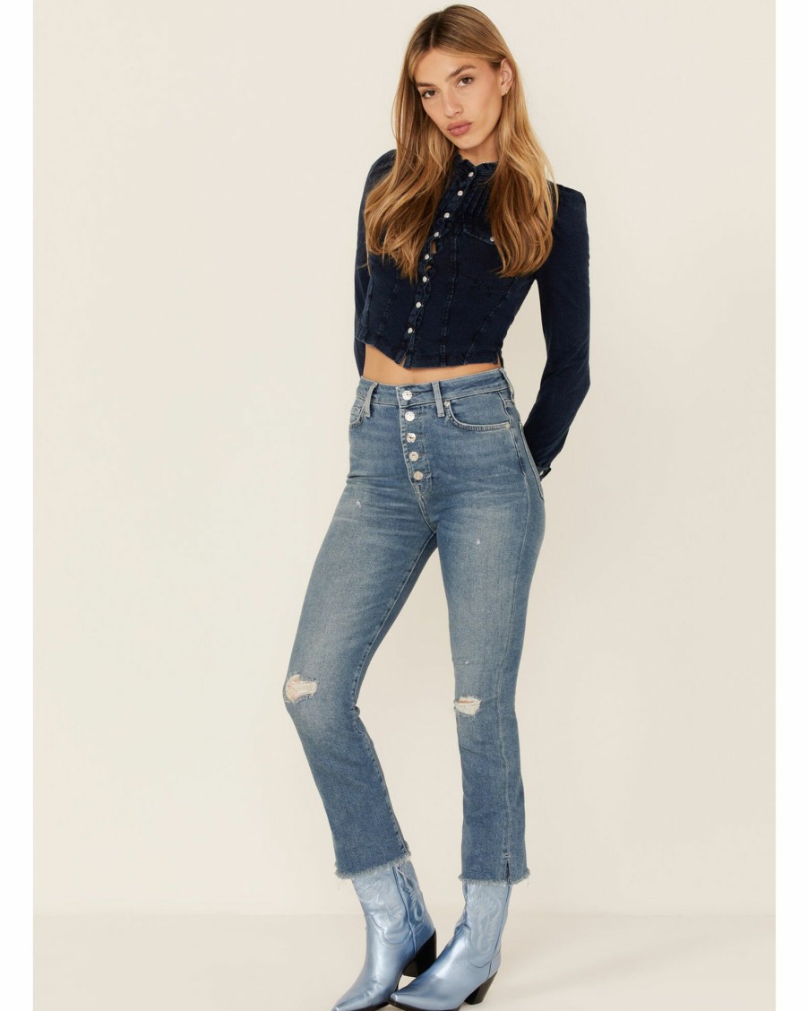 Shirt * | Free People Women'S Going Somewhere Denim Long Sleeve Snap Western Shirt Blue