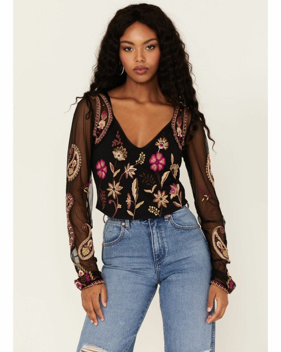 Shirt * | Free People Women'S Florence Embroidered Floral Mesh Top Black