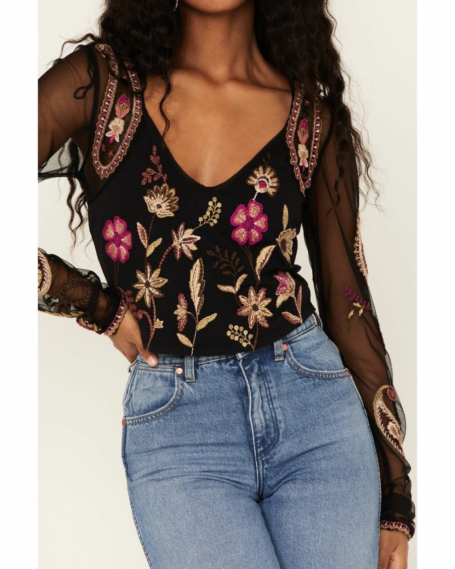 Shirt * | Free People Women'S Florence Embroidered Floral Mesh Top Black