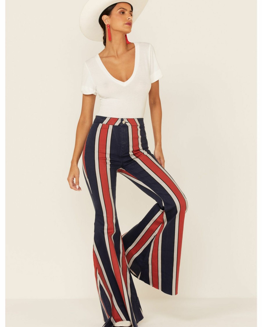 Jean * | Free People Women'S Striped Just Float On Flare Jeans Navy