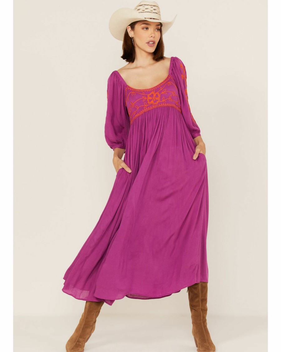 Dress * | Free People Women'S Wedgewood Embroidered Long Puff Sleeve Sleeve Maxi Dress