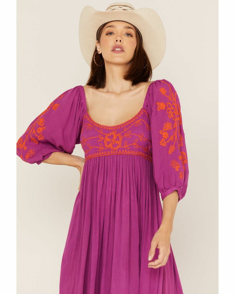 Dress * | Free People Women'S Wedgewood Embroidered Long Puff Sleeve Sleeve Maxi Dress