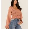 Shirt * | Free People Women'S Megan Crochet Knit Peplum Puff Sleeve Top Coral