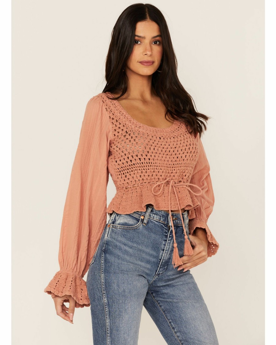 Shirt * | Free People Women'S Megan Crochet Knit Peplum Puff Sleeve Top Coral