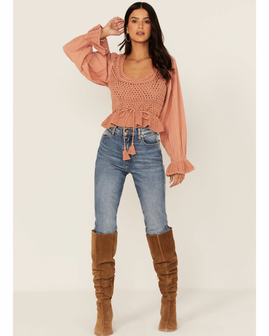 Shirt * | Free People Women'S Megan Crochet Knit Peplum Puff Sleeve Top Coral