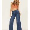 Jean * | Free People Women'S Dark Wash Mid-Rise Harlow Wide Flare Jeans Blue