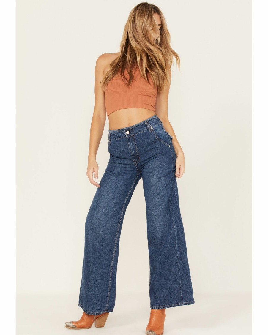 Jean * | Free People Women'S Dark Wash Mid-Rise Harlow Wide Flare Jeans Blue