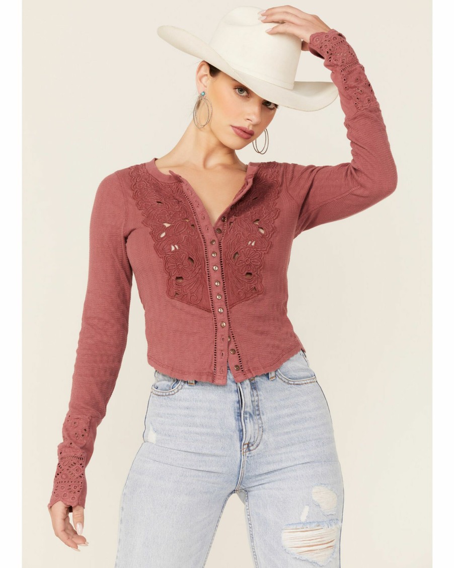 Shirt * | Free People Women'S Long Sleeve Rouge-Colo Floral Embroide Button Down Shirt