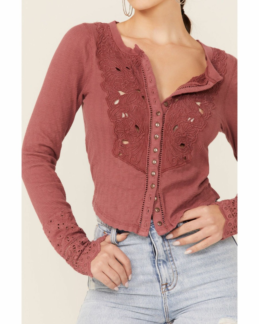 Shirt * | Free People Women'S Long Sleeve Rouge-Colo Floral Embroide Button Down Shirt