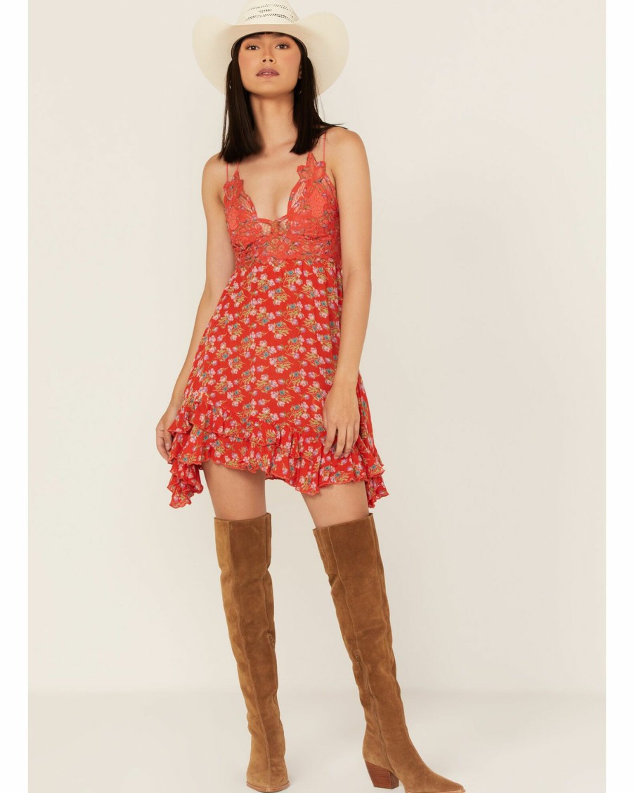 Dress * | Free People Women'S Adella Floral Print Sleeveless Slip Dress Red