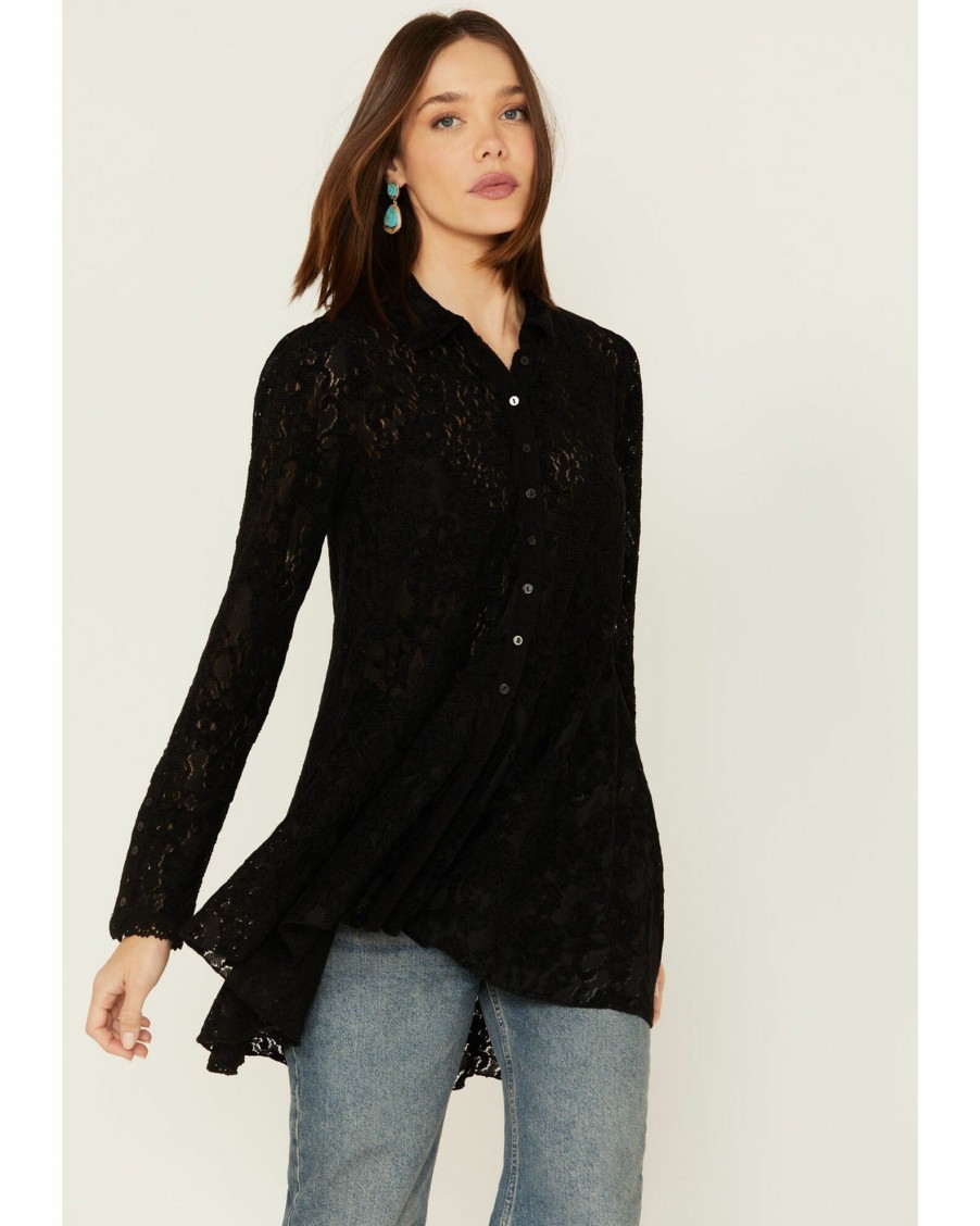 Shirt * | Free People Women'S Floral Lace Heather Tunic Black