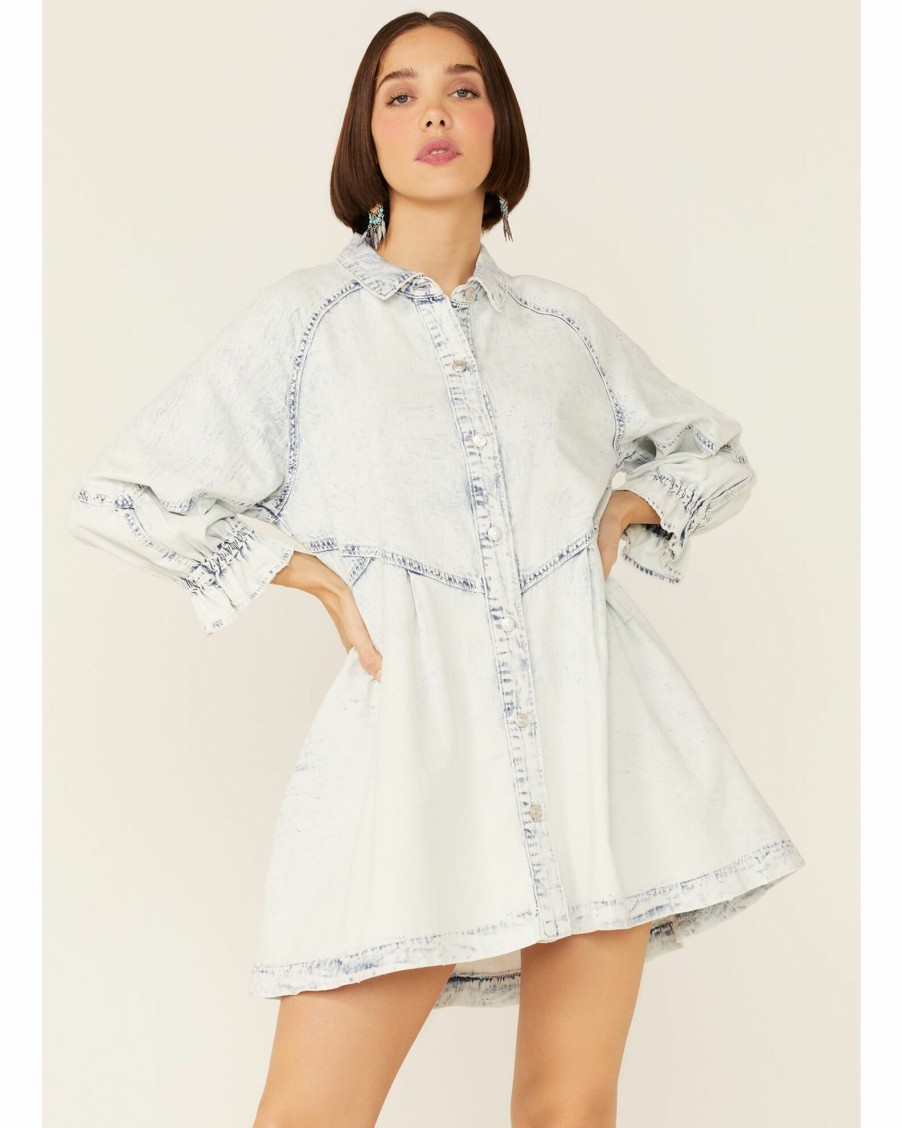 Dress * | Free People Women'S Hannah Long Sleeve Denim Mini Dress Blue