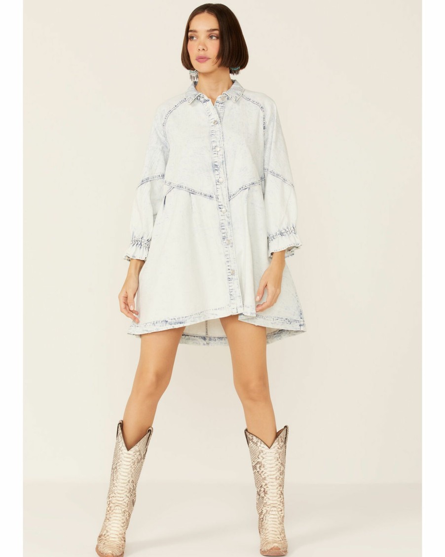 Dress * | Free People Women'S Hannah Long Sleeve Denim Mini Dress Blue